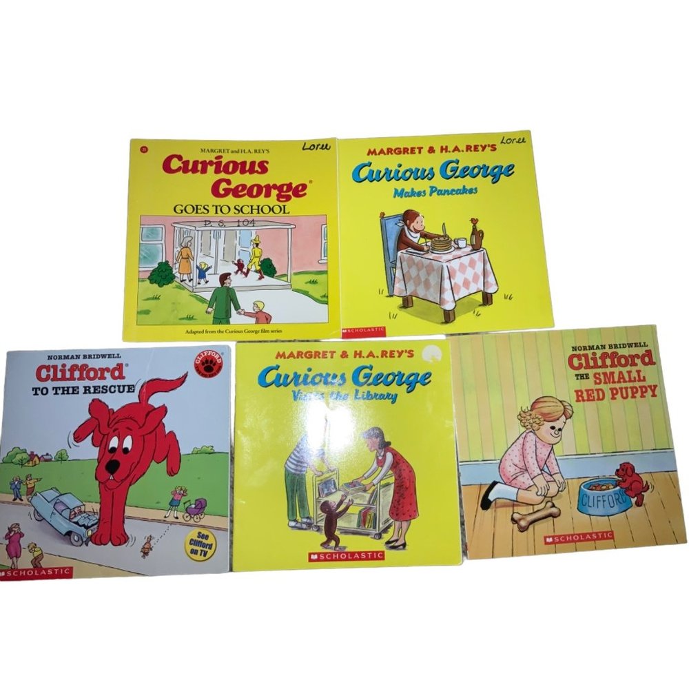 5 Children Books-  Curious George & Clifford the Big Red Dog